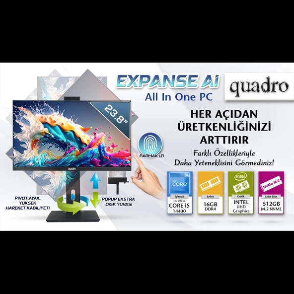 QUADRO EXPANSE AI B424 14165, i5-14400, 23,8" FHD Ekran, 16Gb Ram, 512Gb SSD, Pivot, Paylaşımlı VGA, Free Dos All I ürün görseli 1