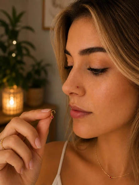 925 Ayar Gümüş Kırmızı Taşlı Burun Hızması Piercing Minimal L Şekilli Unisex Nose Stud ürün görseli 1