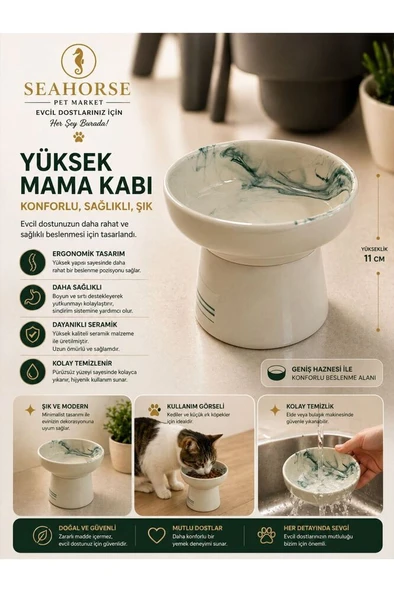 Seahorse Seramik Yüksek Mama Kabı – Ergonomik Kedi & Küçük Irk Köpek Mama Kabı (11 CM) ürün görseli 1
