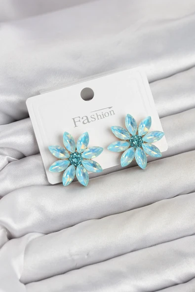 Buz Mavisi Renk Kristal Taşlı Lotus Çiçek Model Kadın Küpe ürün görseli 1
