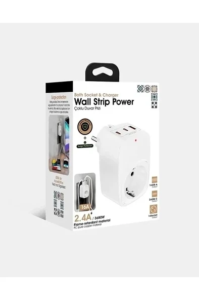 Tekli Yüksek Voltaj Korumalı Duvar Prizi 2x Type-c 1x Usb Çıkışlı Priz Grup Priz Çoğaltıcı Beyaz ürün görseli 1
