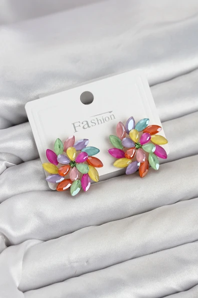 Karışık Renk Kristal Taşlı Çiçek Model Kadın Küpe ürün görseli 1
