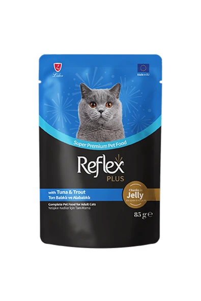 Reflex Plus Jöle İçinde Parça Ton Balıklı ve Alabalıklı Yetişkin Kedi Yaş Maması 85gr ürün görseli 1