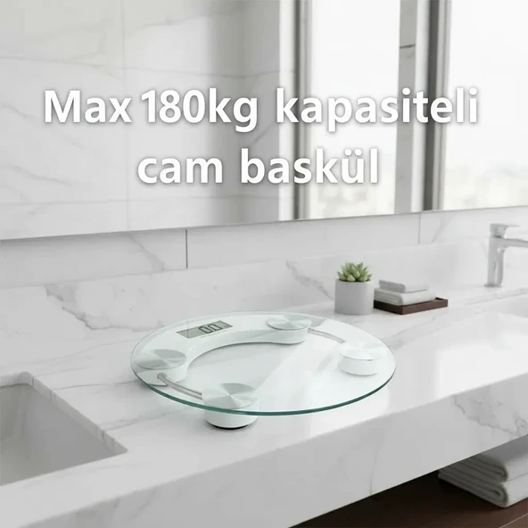 Yuvarlak Şeffaf Dijital Cam Baskül Tartı – 180 Kg Taşıma Kapasitesi, Hassas Ölçüm, Şık Tasarım Terazi ürün görseli 1
