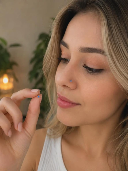 925 Ayar Gümüş Açık Mavi Taşlı Sarı Renk Burun Hızması Piercing Minimal L Şekilli Unisex Nose Stud ürün görseli 1