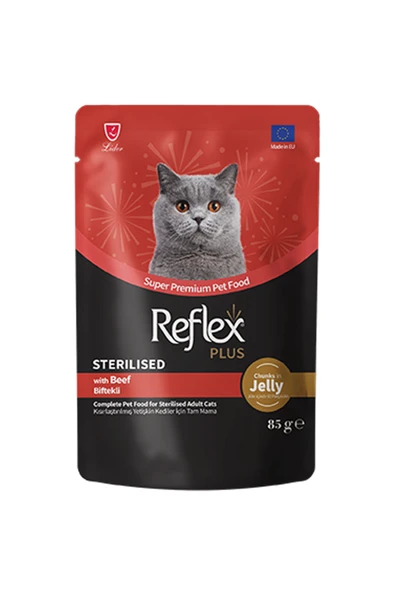 Reflex Plus Jöle İçinde Parça Biftek Etli Kısırlaştırılmış Kedi Yaş Maması 85gr ürün görseli 1