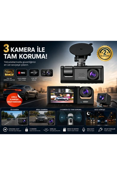 WiFi Destekli 1080p 3 Kameralı Araç İçi Kamera LCD Ekranlı Gece Görüşlü G Sensörlü ürün görseli 1