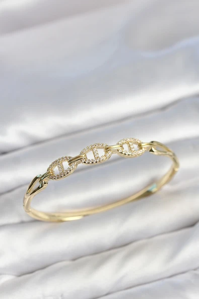 Gold Renk Gemi Zinciri Model Zirkon Taşlı Kadın Kelepçe Bileklik ürün görseli 1