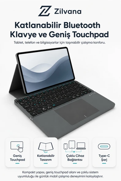 Zilvana Touchpadli Katlanabilir Bluetooth Klavye Kılıflı Taşınabilir Ofis Klavyesi ürün görseli 1