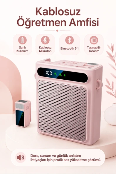 Zilvana Pembe Kablosuz Yaka Mikrofonlu Taşınabilir Öğretmen Rehber Amfisi Bluetooth 5.1 Şarjlı 2000mAh 5W Ses Yükseltici USB MP3 Destekli Askılı Bel Tipi Hoparlör ürün görseli 1