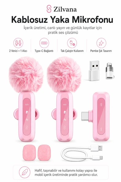 Zilvana Pembe Kablosuz Yaka Mikrofonu 2.4G Type-C / Lightning Uyumlu Gürültü Azaltmalı Mini Vlog Canlı Yayın Röportaj Mikrofonu ürün görseli 1