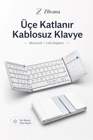 Zilvana Kumaş Dokulu Arka Kapaklı Üçe Katlanır Gümüş Gri Kablosuz Klavye Bluetooth + 2.4G Touchpad ve Sayısal Tuşlu Taşınabilir Klavye ürün görseli 1