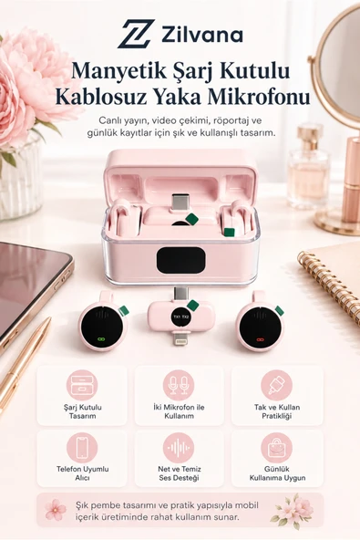 Zilvana Sorixa Manyetik Şarj Kutulu Kablosuz Yaka Mikrofonu Type-C & Lighting Uyumlu ürün görseli 1