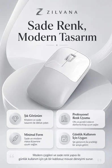 Zilvana Şarjlı Kablosuz Gri Mouse Bluetooth + 2.4G Çift Modlu Type-C Şarjlı Sessiz Tuşlu Ergonomik Optik 1200/1600 DPI Taşınabilir Mouse ürün görseli 1