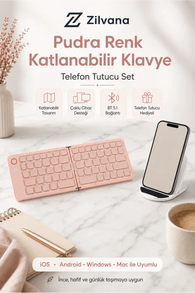 Zilvana Katlanabilir Mini Bluetooth Klavye - Taşınabilir Pembe Kablosuz Tablet ve Telefon Klavyesi ürün görseli 1