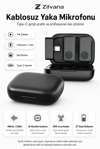 Zilvana Type-C Girişli Siyah Kablosuz Yaka Mikrofonu Şarj Kutulu 2 Verici 1 Alıcı 48kHz 24bit Gürültü Engellemeli ürün görseli 1