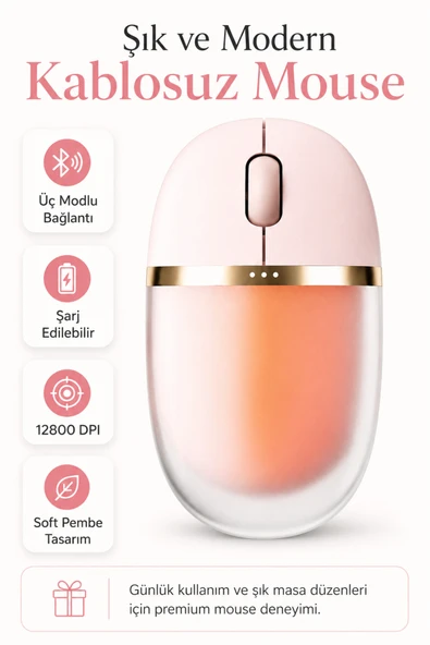 Zilvana Muse Işıklı Bluetooth & 2.4G Kablosuz Oyuncu Pudra Pembe Mouse ürün görseli 1