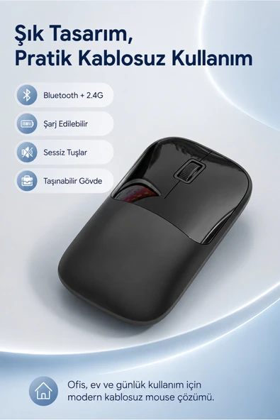 Zilvana Şarjlı Kablosuz Siyah Mouse Bluetooth + 2.4G Çift Modlu Type-C Şarjlı Sessiz Tuşlu Ergonomik Optik 1200/1600 DPI Taşınabilir Mouse ürün görseli 1
