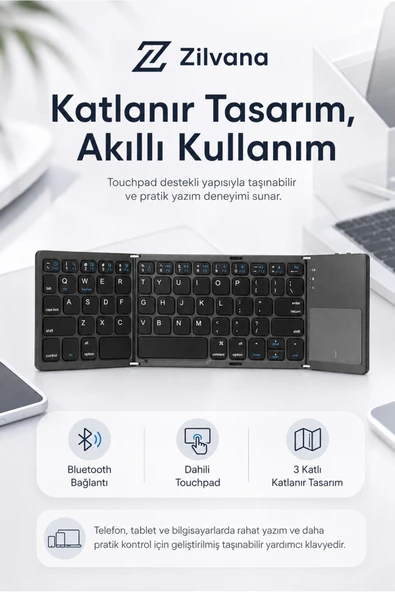 Zilvana Touchpad'li 3'e Katlanabilir Bluetooth Klavye - Çoklu Cihaz Destekli Ultra İnce Seyahat Klavyesi ürün görseli 1