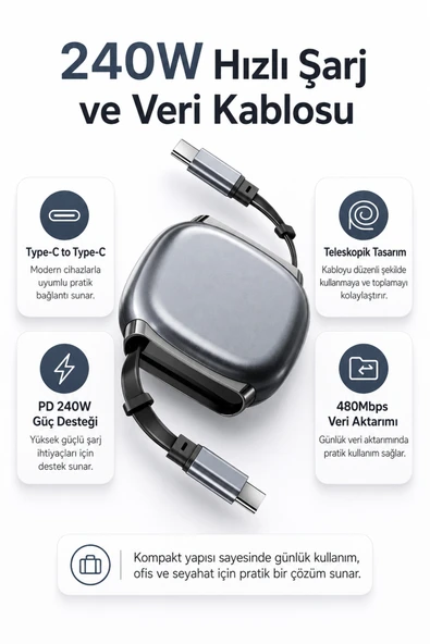 Zilvana 240W Type-C to Type-C Gri Teleskopik Şarj ve Veri Kablosu, Geri Sarılabilir Mini Tasarım, Kademeli Uzunluk Ayarı,Taşınabilir Hızlı Şarj Kablosu ürün görseli 1