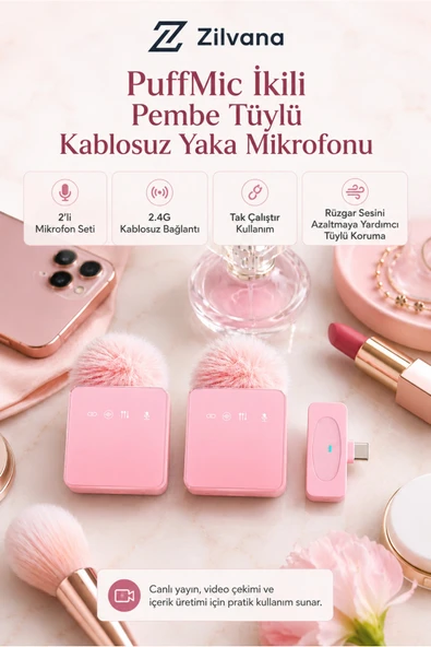 Zilvana PuffMic Pembe Tüylü Kablosuz 2'li Yaka Mikrofonu Type-C Lighting Uyumlu Canlı Yayın Mikrofonu ürün görseli 1