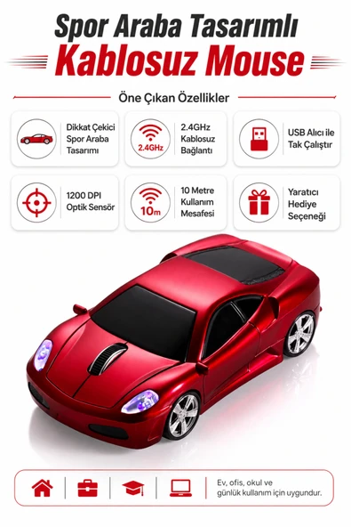 Zilvana Spor Araba Tasarımlı Kırmızı Kablosuz Mouse USB Dongle Alıcılı ürün görseli 1