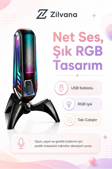 Zilvana Elyvra RGB USB Masaüstü Mikrofon Oyun Canlı Yayın Karaoke Konferans Siyah ürün görseli 1