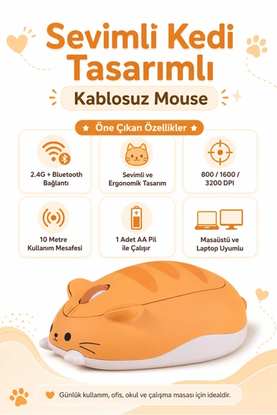 Zilvana Sevimli Kedi Tasarımlı Kablosuz Bluetooth Turuncu Mouse ürün görseli 1