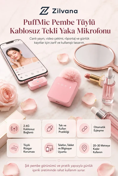 Zilvana PuffMic Pembe Tüylü Kablosuz Tekli Yaka Mikrofonu Type-C& Lighting Uyumlu Canlı Yayın Mikrofonu ürün görseli 1
