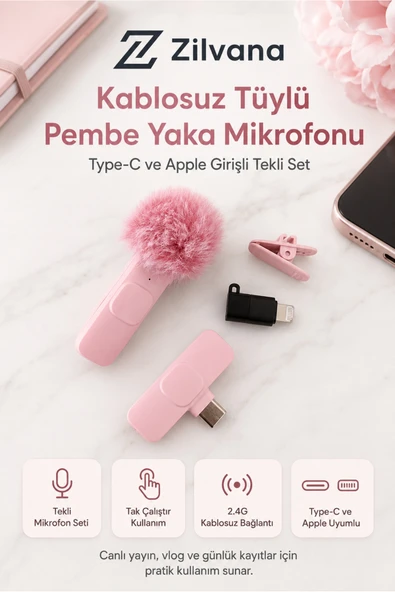 Zilvana Pembe Kablosuz Yaka Mikrofonu (TEKLİ) – Tak Çalıştır, Ios Iphone Uyumlu, 6-8 Saat Kullanım (1 ADET) ürün görseli 1