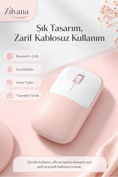 Zilvana Şarjlı Kablosuz Pembe Mouse Bluetooth + 2.4G Çift Modlu Type-C Şarjlı Sessiz Tuşlu Ergonomik Optik 1200/1600 DPI Taşınabilir Mouse ürün görseli 1
