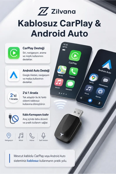 Zilvana Tesla Logo Detaylı Araç Kablolu'dan Kablosuz'a CarPlay Android Auto Adaptörü ürün görseli 1