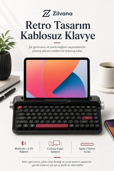 Zilvana Ravelia Retro Kablosuz Klavye Bluetooth + 2.4G Çoklu Cihaz Yuvalı Siyah ürün görseli 1