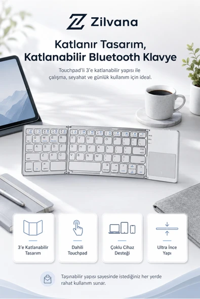 Zilvana Touchpad'li 3'e Katlanabilir Bluetooth Klavye - Çoklu Cihaz Destekli Ultra İnce Seyahat Klavyesi ürün görseli 1