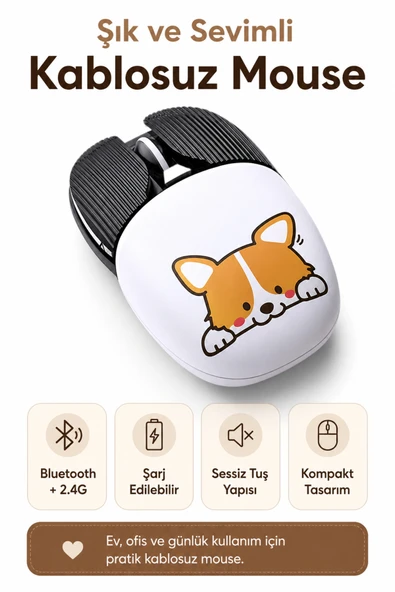 Zilvana Şarjlı Bluetooth 2.4G Sessiz Kablosuz Mouse Köpek Desenli ürün görseli 1