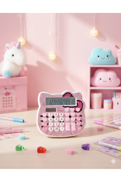 Zilvana Elmas Taşlı Fiyonk Detay Kalp Şeklinde Düğmeler Tasarımlı 12 Haneli Mini Pembe-Beyaz Hesap Makinesi ürün görseli 1
