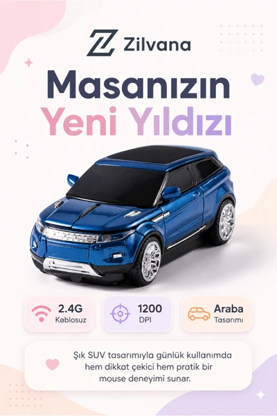 Zilvana Mavi Land Rover Tasarımlı Kablosuz Araba Mouse - 2.4G Optik SUV Model ürün görseli 1