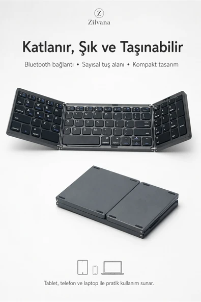 Zilvana Siyah Katlanabilir Bluetooth Klavye 81 Tuşlu Sayısal Tuş Takımlı Şarjlı Kablosuz Klavye Tablet Telefon ve Laptop Uyumlu ürün görseli 1
