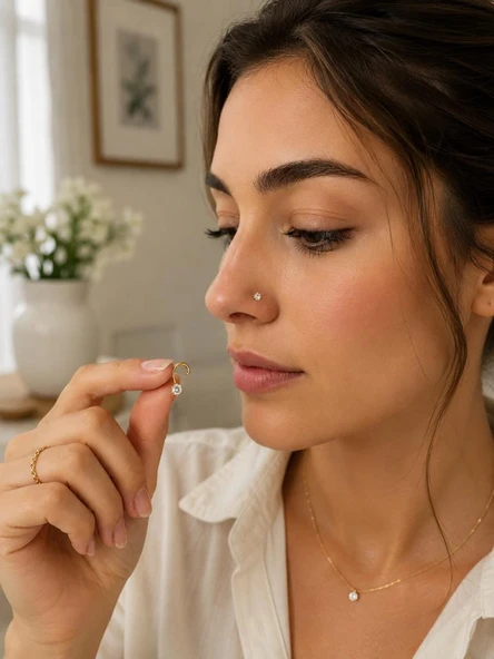 925 Ayar Gümüş Beyaz Taşlı Sarı Renk Burun Hızması Piercing Minimal L Şekilli Unisex Nose Stud ürün görseli 1