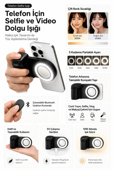 Zilvana Telefon Selfie Işığı Bluetooth Deklanşörlü Manyetik Dolgu Işığı 3 Renk Seçeneği ürün görseli 1