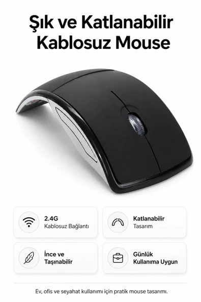 Zilvana Katlanabilir 2.4G Kablosuz Mouse İnce Taşınabilir Ev & Ofis Tipi Siyah Mouse ürün görseli 1