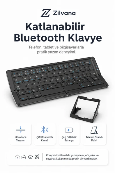 Zilvana Katlanır Bluetooth Kablosuz Klavye Alüminyum Alaşımlı Taşınabilir Telefon Tablet Tutucu Hediyeli ürün görseli 1