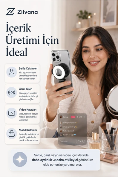 Zilvana MagSafe Uyumlu Manyetik Cep Telefonu Selfie Işığı 3 Renk Ayarlı Taşınabilir Canlı Yayın Dolgu Işığı ürün görseli 1