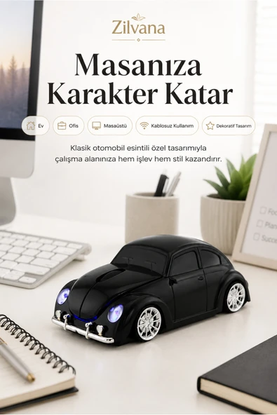 Zilvana Klasik Siyah Beetle Vosvos Tasarımlı 2.4G Kablosuz Mouse USB Alıcılı Kırmızı Araba Şeklinde Optik Mouse ürün görseli 1