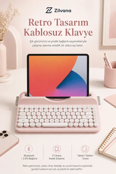 Zilvana Ravelia Retro Kablosuz Klavye Bluetooth + 2.4G Çoklu Cihaz Yuvalı Pembe ürün görseli 1
