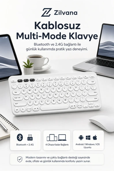 Zilvana Beyaz Kablosuz Bluetooth Klavye | Tablet Telefon PC Uyumlu Sessiz Yuvarlak Tuşlu Slim Tasarım ürün görseli 1