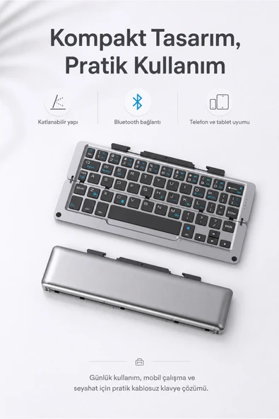 Zilvana Gümüş Katlanabilir Bluetooth Touchpadli Klavye, Telefon Tablet iPad Uyumlu Şarjlı Mini Kablosuz Klavye ürün görseli 1