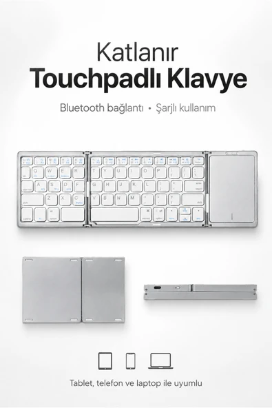 Zilvana Gümüş Katlanır Bluetooth Klavye Touchpadli, Şarjlı, Tablet Telefon Laptop Uyumlu Üçe Katlanır Kablosuz Klavye ürün görseli 1