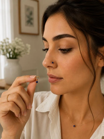 925 Ayar Gümüş Mavi Taşlı Sarı Renk Burun Hızması Piercing Minimal L Şekilli Unisex Nose Stud ürün görseli 1