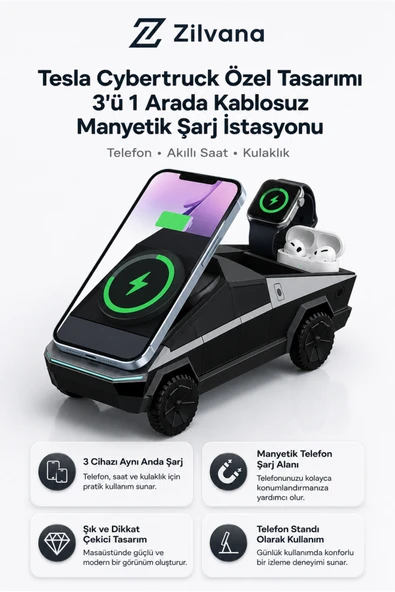 Zilvana Tesla Cybertruck Özel Tasarımı 3'ü 1 Arada Kablosuz Manyetik Şarj İstasyonu 15W iPhone/5W AirPods/2.5W iWatch Şarj Cihazı ürün görseli 1
